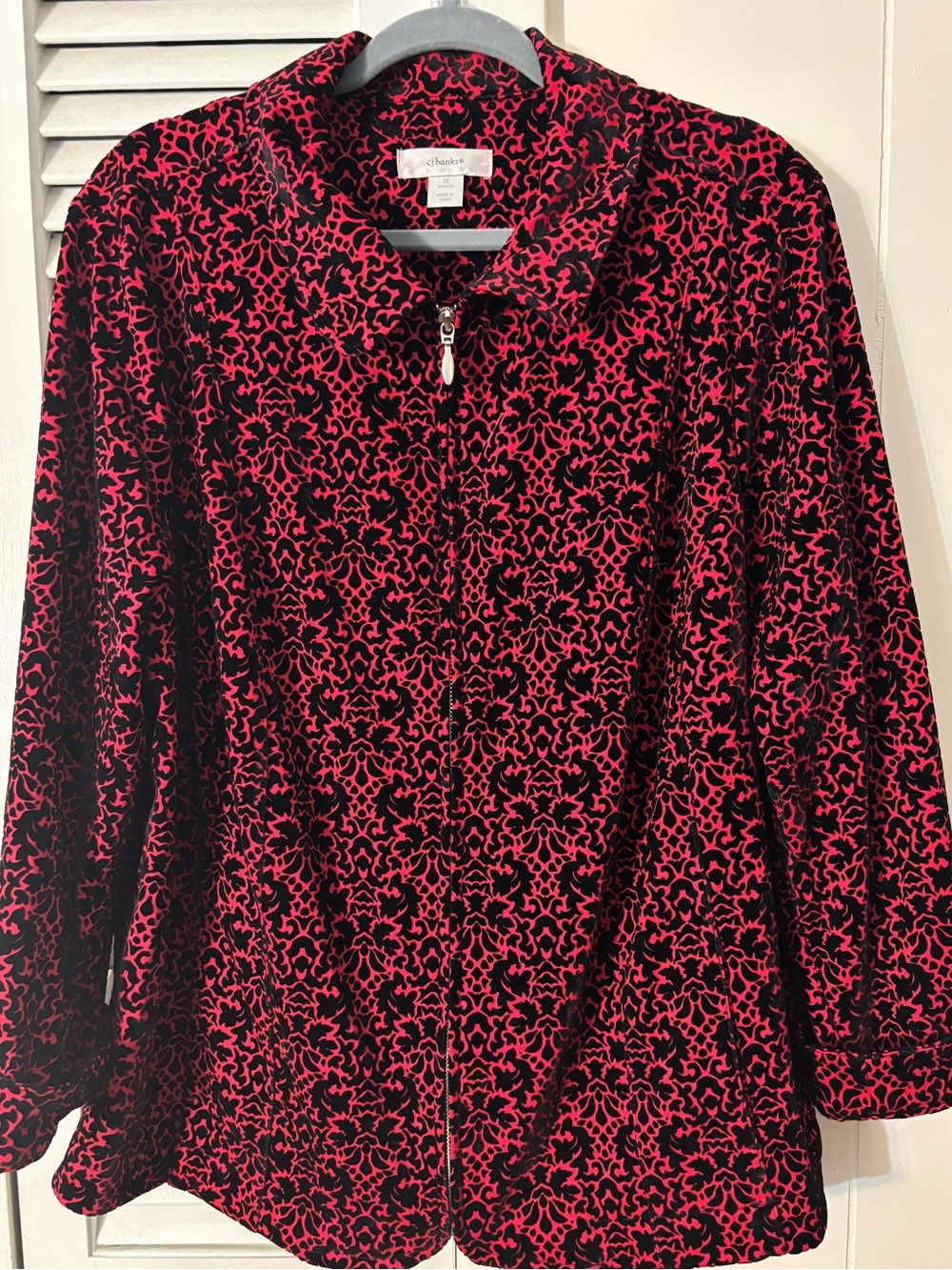 CJ Banks Red and Black Velvet Burnout Zip Front Jacket